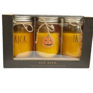 NIB Rae Dunn TRICK 🎃 TREAT Mason Jar Flameless Candle 3 Pack